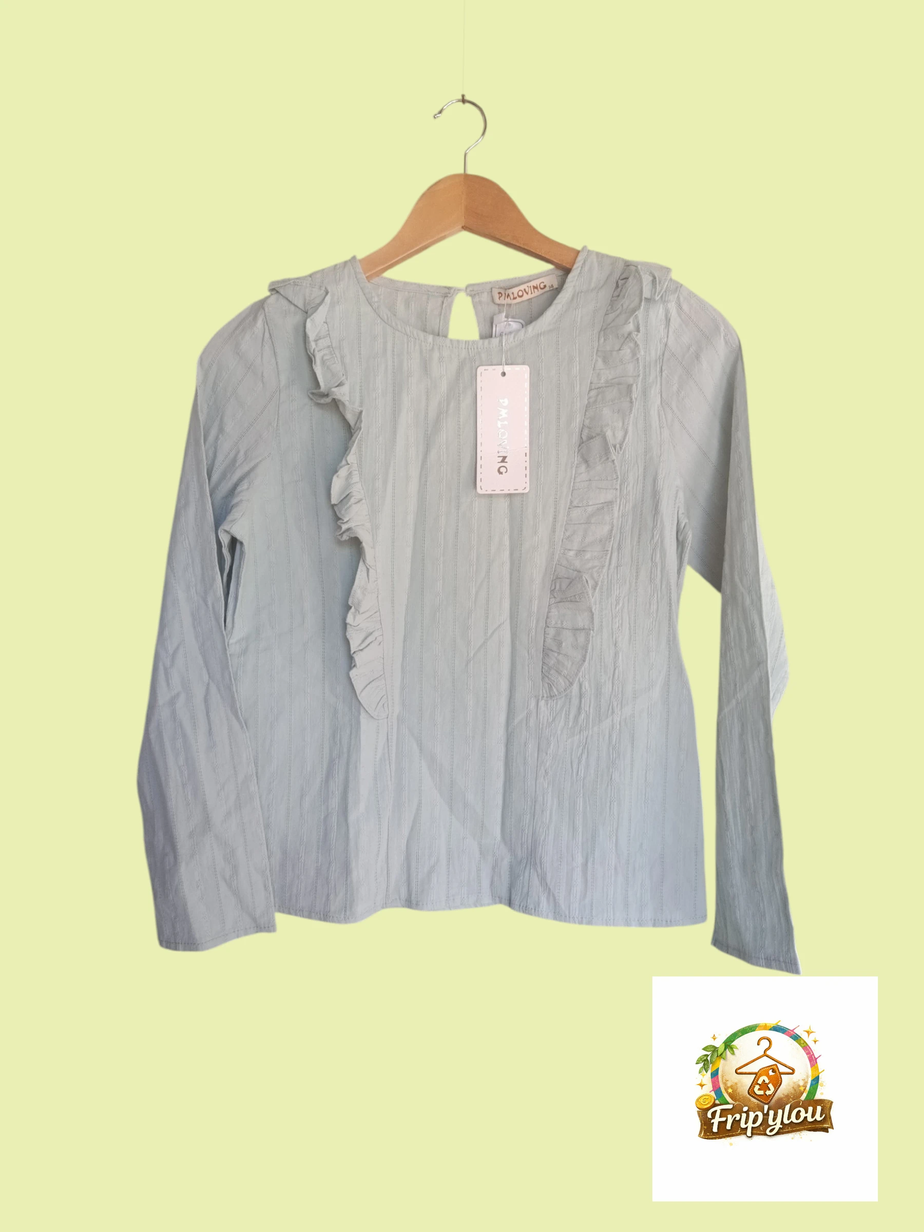 Blouse fille vert sauge à volants 14 ans – Neuve avec étiquette A0226